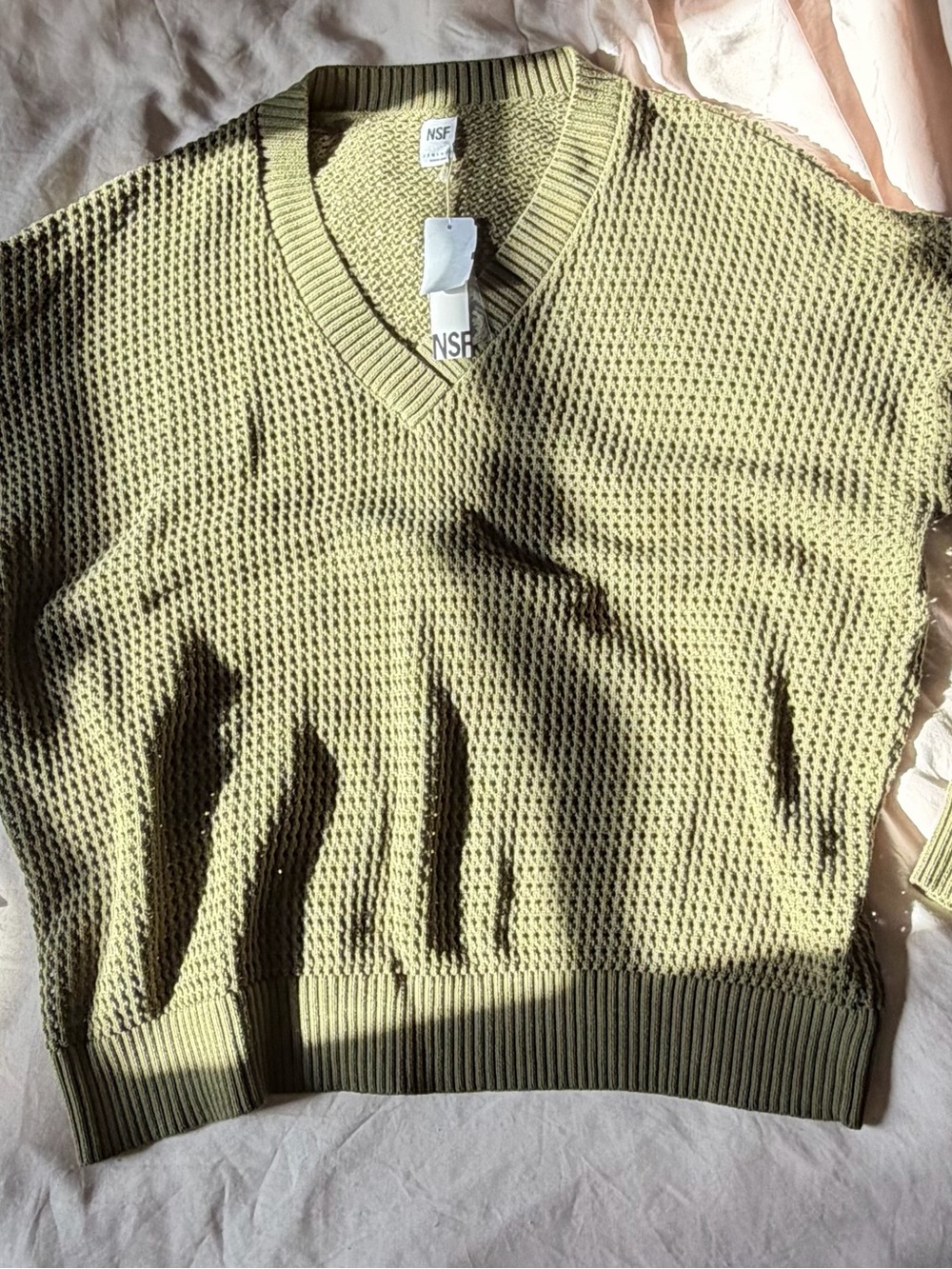 NSF Olive Green V-Neck Knit Open Knit Sweater